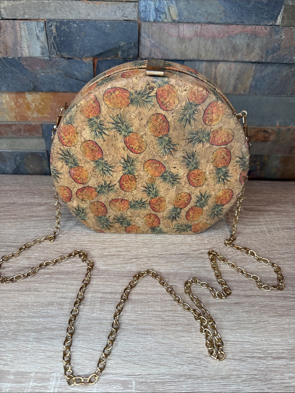Vintage Pineapple Print Round cork Crossbody Bag - Yellow